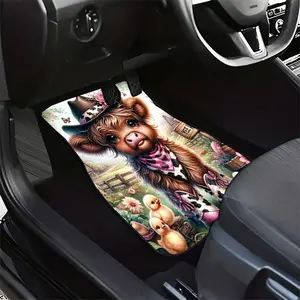 4pcs Cute Donkey Car Floor Mats Set Car Interior Accessories Girls with Scottish Terrier-like Scottish Cow & Scottish Fold Dog Design - Non-Slip Durable Crystal Velvet-like Texture, Pink Bow & Plaid Patterns, Fit for Cars