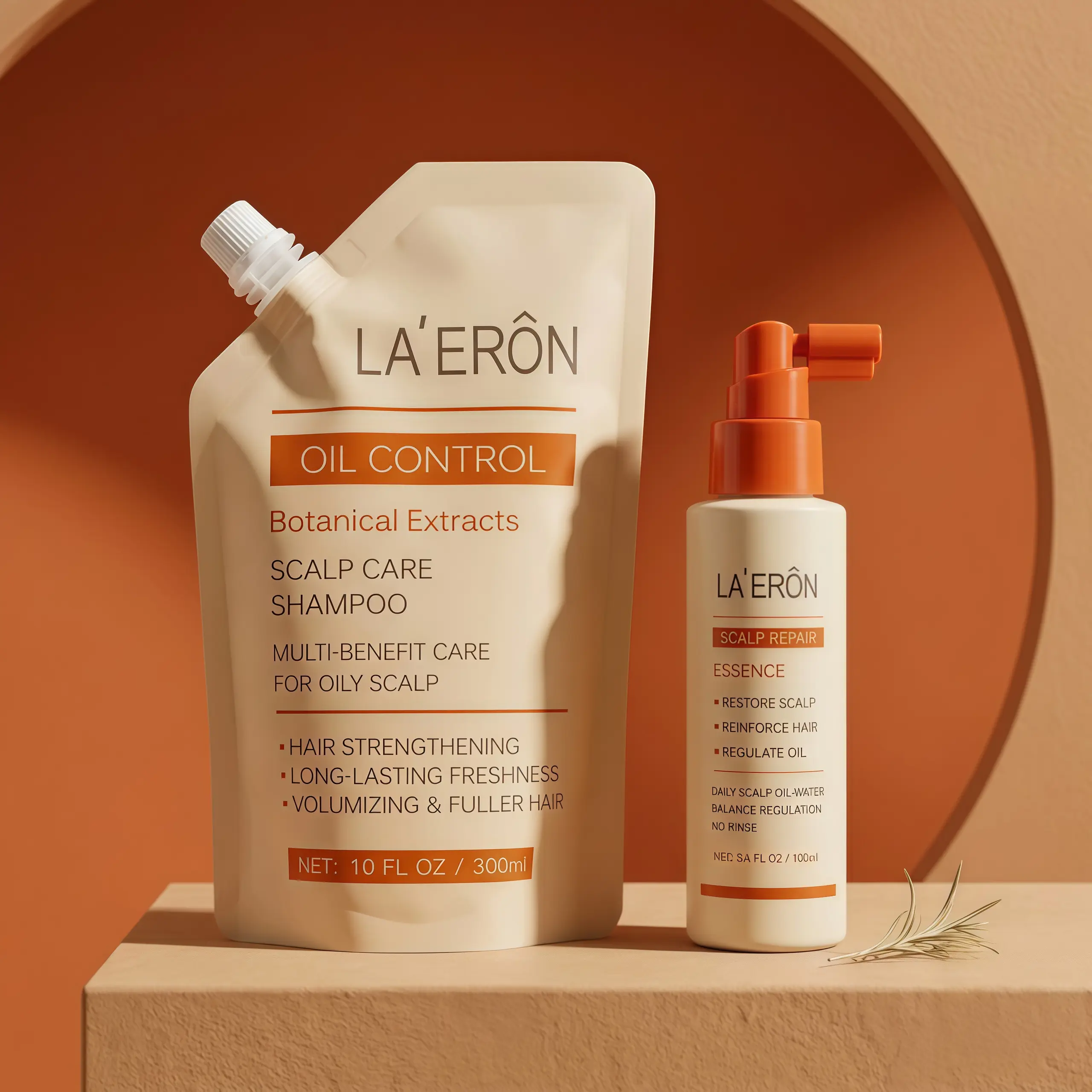 LA'ERON Oily Scalp Shampoo & Hair Serum Set, Botanical Extract Volumizing Haircare Duo for Greasy Fine Hair, Oil Control Daily Intensive Freshness & Scalp Balance Kit (300ml + 100ml)