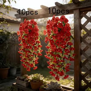 10 pieces of outdoor red morning glory hanging plants, Artificial hanging flowers - UV-resistant, maintenance-free, lifelike flowers. Suitable for home, garden, porch, balcony decoration. Ideal for Valentine's Day, spring and summer wedding arra