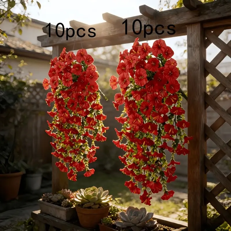10 pieces of outdoor red morning glory hanging plants, Artificial hanging flowers - UV-resistant, maintenance-free, lifelike flowers. Suitable for home, garden, porch, balcony decoration. Ideal for Valentine's Day, spring and summer wedding arra