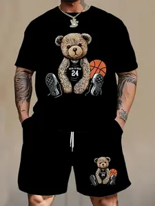Men's Large Size Casual Sports Style Bear Pattern T-Shirt Set, Short Sleeve Fitted Round Neck Tee, All Seasons Wear, Two-Piece Outfit, Matching Menswear Fitted Design, Clothes