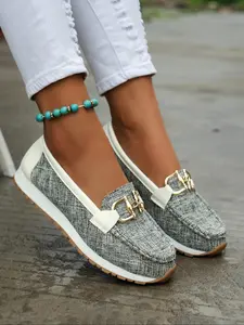 Fashion Chain Decorated Slip on Shoes for Women, Elegant Lightweight Flats, Casual Comfortable Flats Shoes for Daily Wear, All-match Commuter Comfortable Flats for Work & Daily Wear, Walking Shoes, Footwear, Grey Business Style Flats, Round Toe Flats