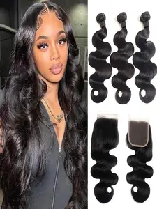Bundles with Closure Human Hair 3 Bundles with Closure Body Wave Natural Wavy Curly Bundles with 5x5 Lace Closure Free Part Natural Black Color