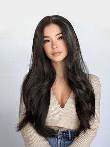 28 inch layered long straight lace frontal wigs for women, gorgeous fluffy glueless wigs without bangs, synthetic lace front wigs for party, daily use