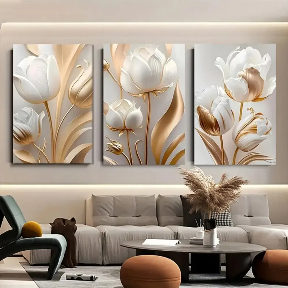 3 Pieces Modern Minimalist 3D Relief Floral Canvas Art, Decorative Wall Art, Textured Flower Wall Mural, Home Art, Contemporary Gallery Decor, Soft Tone Painting, Home Wall Decor, Framed or Unframed Options Available, Wall Decor Pictures
