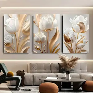 3 Pieces Modern Minimalist 3D Relief Floral Canvas Art, Textured Flower Wall Mural, Refined Home Art, Contemporary Gallery Decor, Soft Tone Painting, Wall Decor for Living Room and Bedroom, Framed or Unframed Options Available, Wall Decor Pictures