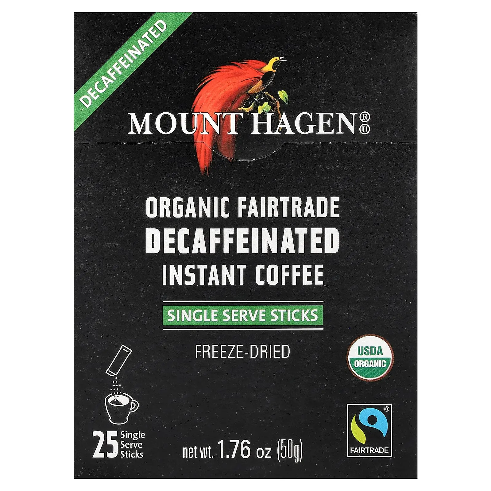 Mount Hagen Organic Fairtrade Instant Coffee, Decaffeinated, 25 Single Serve Sticks, 1.76 oz (50 g)