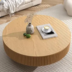 Apicizon Greenish Spring 31.5" Round Fluted Coffee Table, Mid Century Modern Wood Table for Living Room, Boho Drum Accent Side Table & Nesting End Table for Small Space Apartment, Easy Assembly
