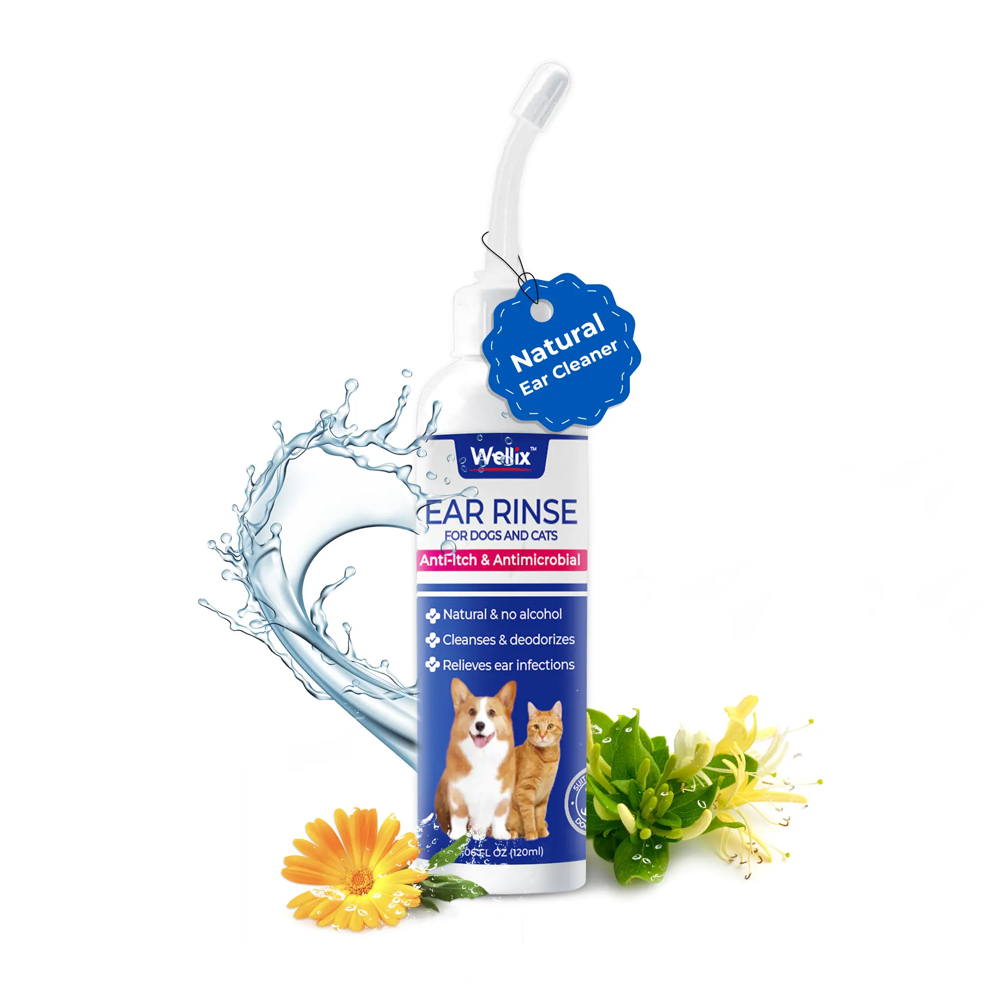 Wellix Ear Cleaner for Dogs & Cats – Honeysuckle Itch & Odor Relief, 120ml