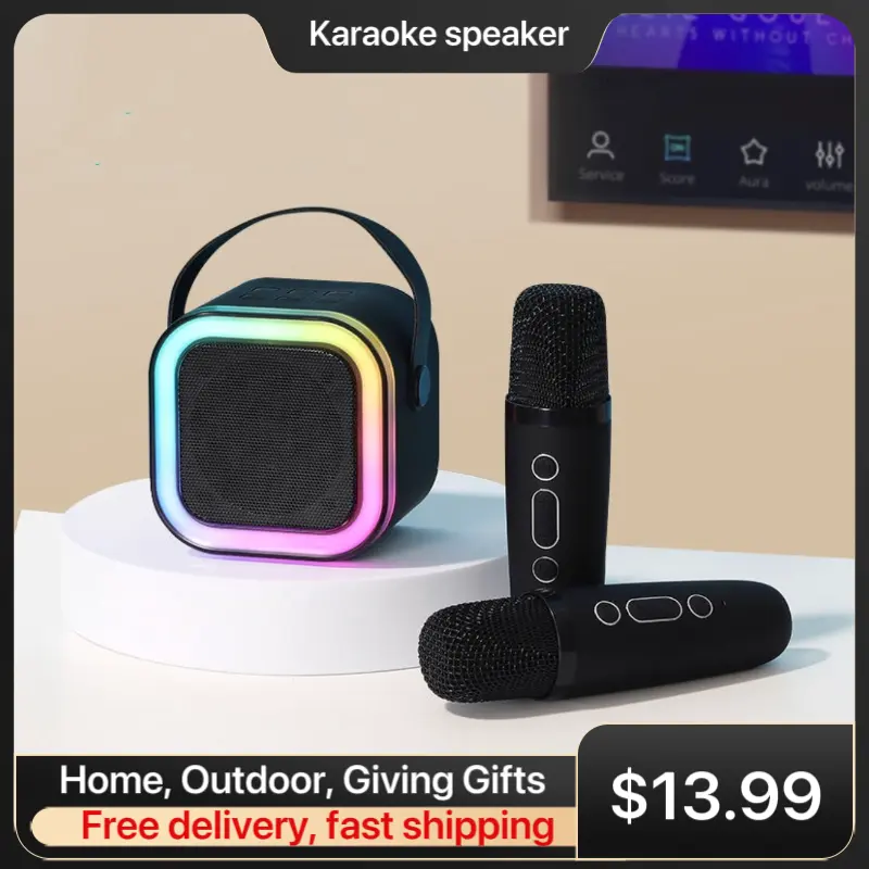 Mini Karaoke Machine for Kids - 2 Wireless Microphones & LED Lights - Home, Gifts for Ages 4-12+ - Features Colorful Lights Long Battery Life Family Singing