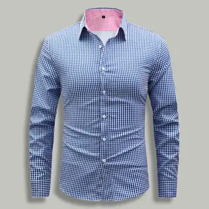 Men's long-sleeve shirt, business formal plaid shirt, single-breasted turn-down collar shirt, 100% polyester
