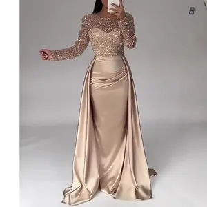 Lady's 2025 Cross-Border French Satin Rose Gold Fishtail Long Gown, Women's Formal Wear Clothes for Annual Meeting Host, Beaded Light Luxury Elegant Prom Dress