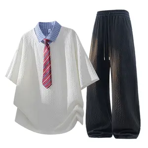 2-Piece Mens Preppy Jacquard Casual Menswear Set: Stylish Contrast-Color Notched Lapel Tie Short-Sleeve Shirt + High-Waisted Drawstring Wide Straight Pants, Ideal for Casual Commuting Outfits, Premium Quality #SummerWins #Father’sDayGift