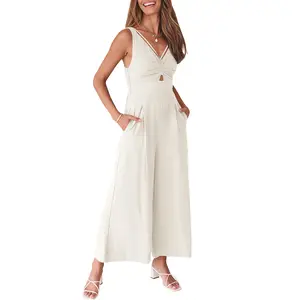 ANRABESS Women's Summer Wide Leg Jumpsuits V Neck Sleeveless High Waist Vacation Linen Rompers Casual Overalls
