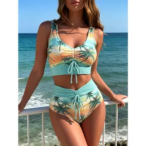 2026 Women's Floral Print Bikini Swimsuit, V-Neck Drawstring Crop Top with Adjustable Straps, High Waist Ruched Tummy Control Bottom, Two-Piece Bathing Suit for Beach & Poo,Summer Vibes