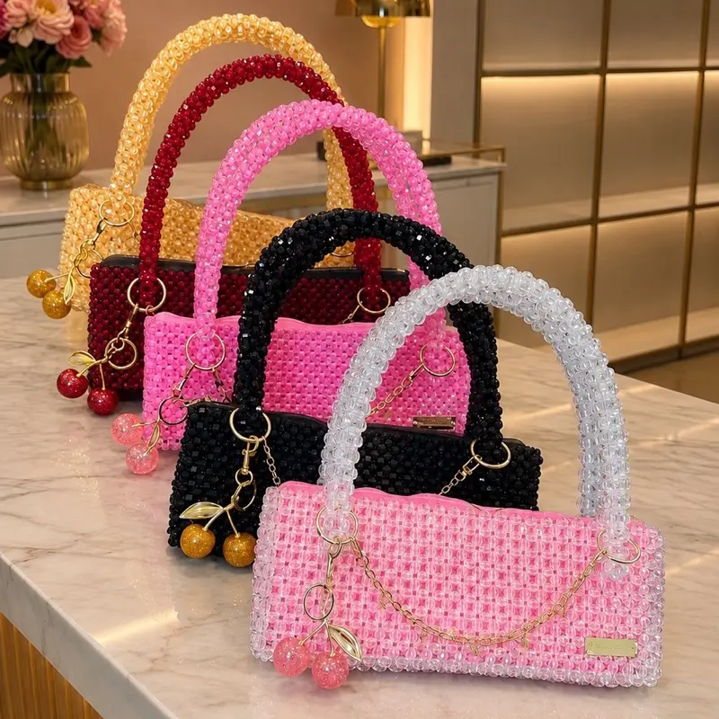 Amaya Handmade Beaded Shoulder Bag for Outing - Red cherry charm Crystal Accents & Gold cherry Chain