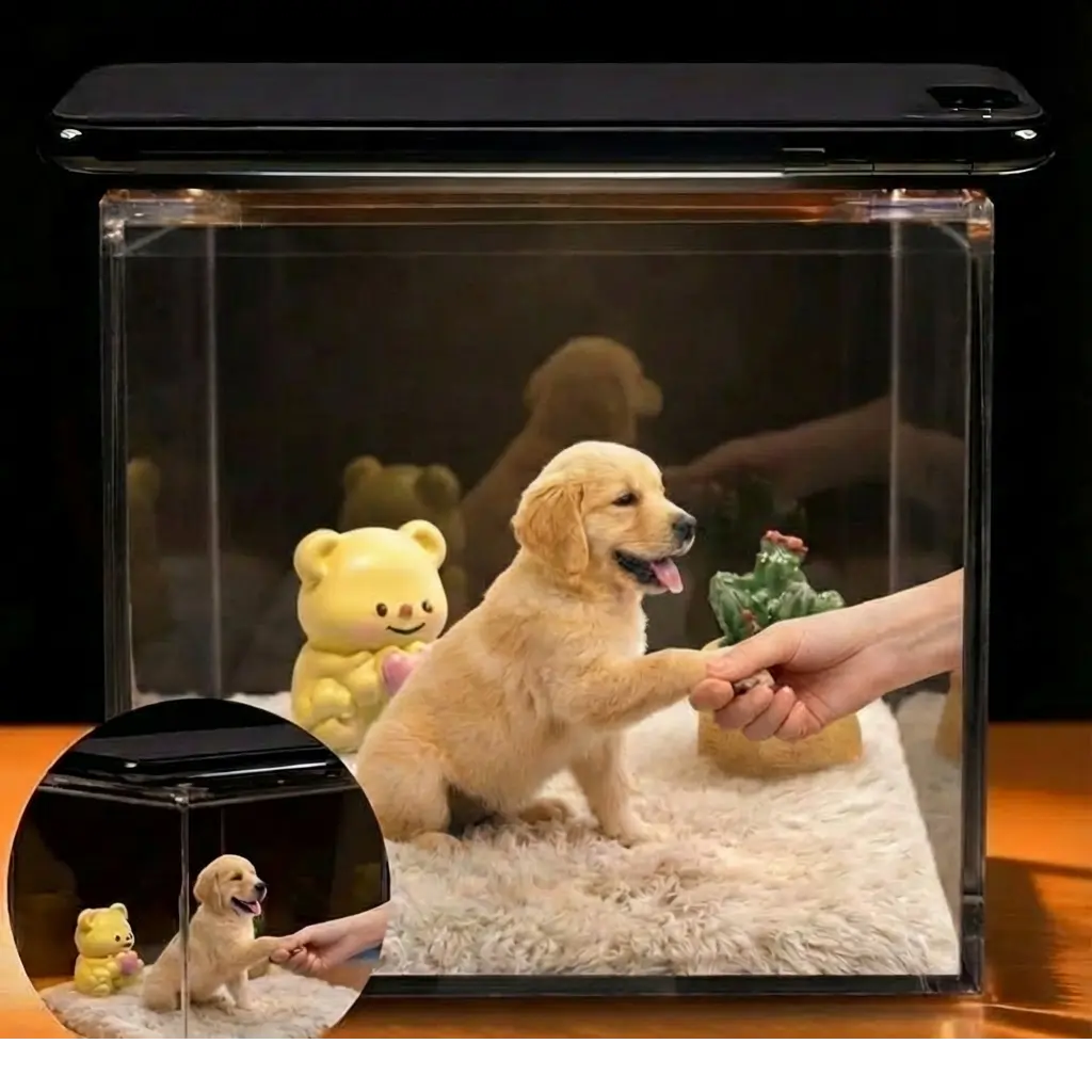 Holographic projection box can DIY project pets and interact with them. This is a pet souvenir and commemorative gift, suitable for commemorating pets. 11cm * 11cm * 11cm with 4 small accessories