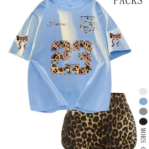 Women's Cherries Print Short Sleeve T-shirt & Leopard Print Shorts Two-piece Set, Two Pieces Outfits, Casual Streetwear Set, Casual Round Neck Tee & Skinny Shorts, Ladies Clothes for Daily Wear, Suits, Top, Womenswear, Summer Wear, Summer Knit Set