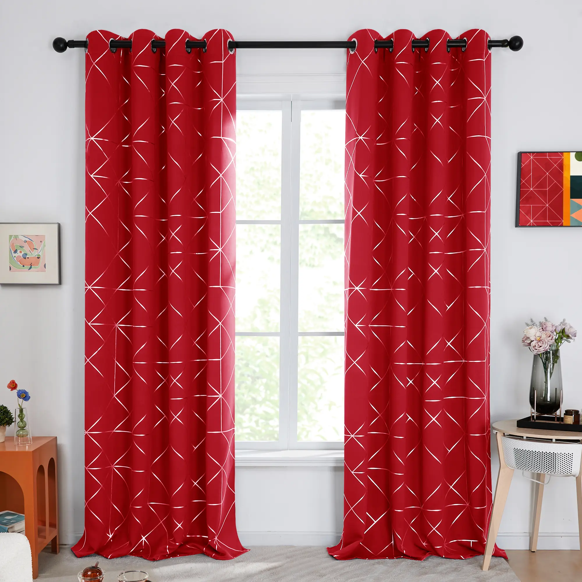 Deconovo Silver Geometric Pattern Blackout Window Curtains (2 Panels) - Soft, Modern, Thermal Insulation, Soundproof Printed Drapes for Living Room, Bedroom, Modern Bedroom Decor, Black Out Window Curtain, Sound Proof, Curtain For Windows