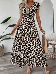 Ruffle sleeve V-neck A-line casual dress, simple and fashionable leopard print dress, women's clothing