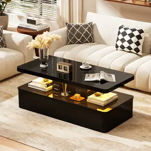 Spurgehom LED Coffee Table for Living Room with 16 Color Changing Lights, Contemporary Rounded Corner Coffee Table, High Gloss 2 Tier Table with Hidden Power Supply