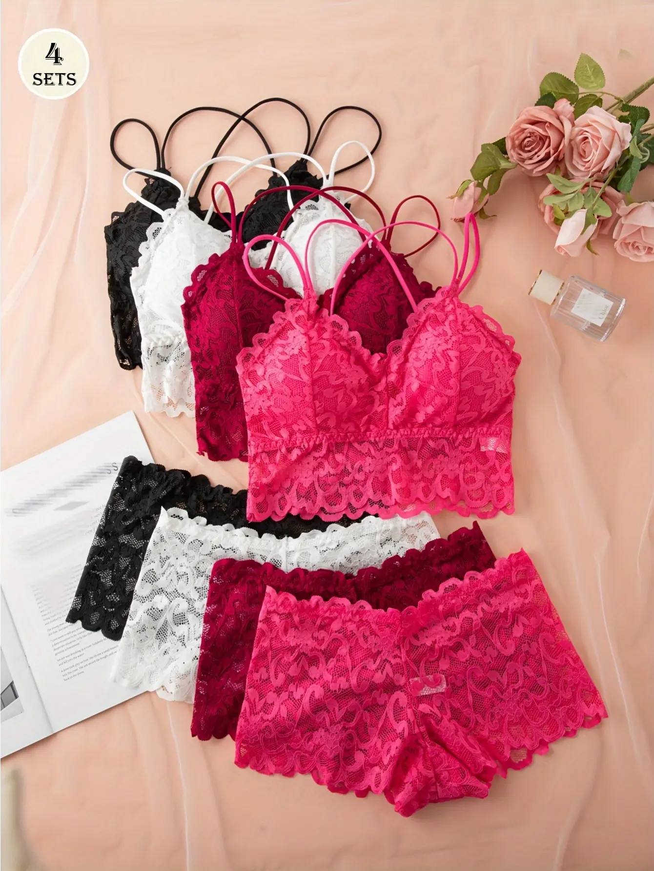 HICLOTH Women’s 4-Pack Lace Bralette Set with Matching Panties, Soft Lightweight Wireless Bras, Double-Strap Everyday Lingerie, Top Runs Small, Size Up if Busty