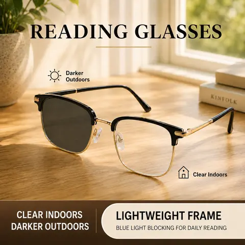 Unisex Non-prescription Photochromic Blue Light Blocking Glasses - Black Gold Semi-Rimless with UV Protection, Stylish Reading Glasses, Gafas de Lectura Fotocromáticas, Lightweight Readers Daily Clear Lens Minimal Luxury Design,  Fashion Daily Wear, Uv Ad