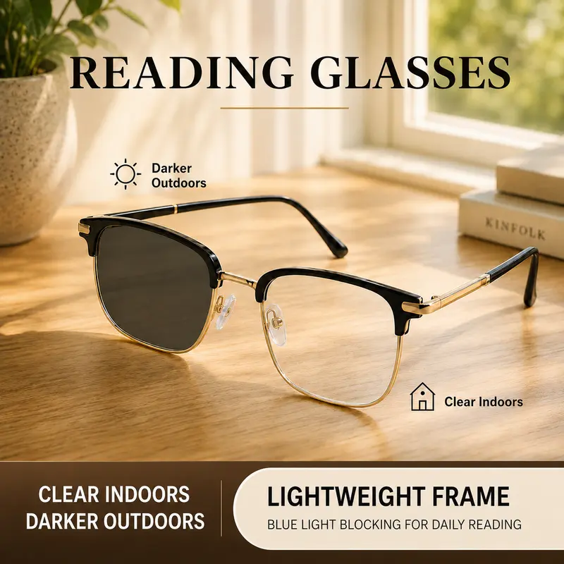 Unisex Non-prescription Photochromic Blue Light Blocking Glasses - Black Gold Semi-Rimless with UV Protection, Stylish Reading Glasses, Gafas de Lectura Fotocromáticas, Lightweight Readers Daily Clear Lens Minimal Luxury Design,  Fashion Daily Wear, Uv Ad