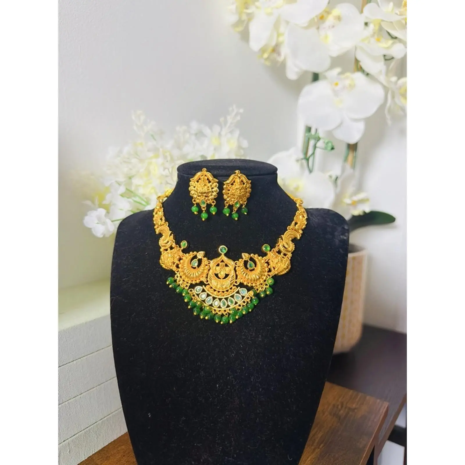 Gold Tone Temple Necklace with Matching Earrings for Special Occasions - Elegant Jewelry Set