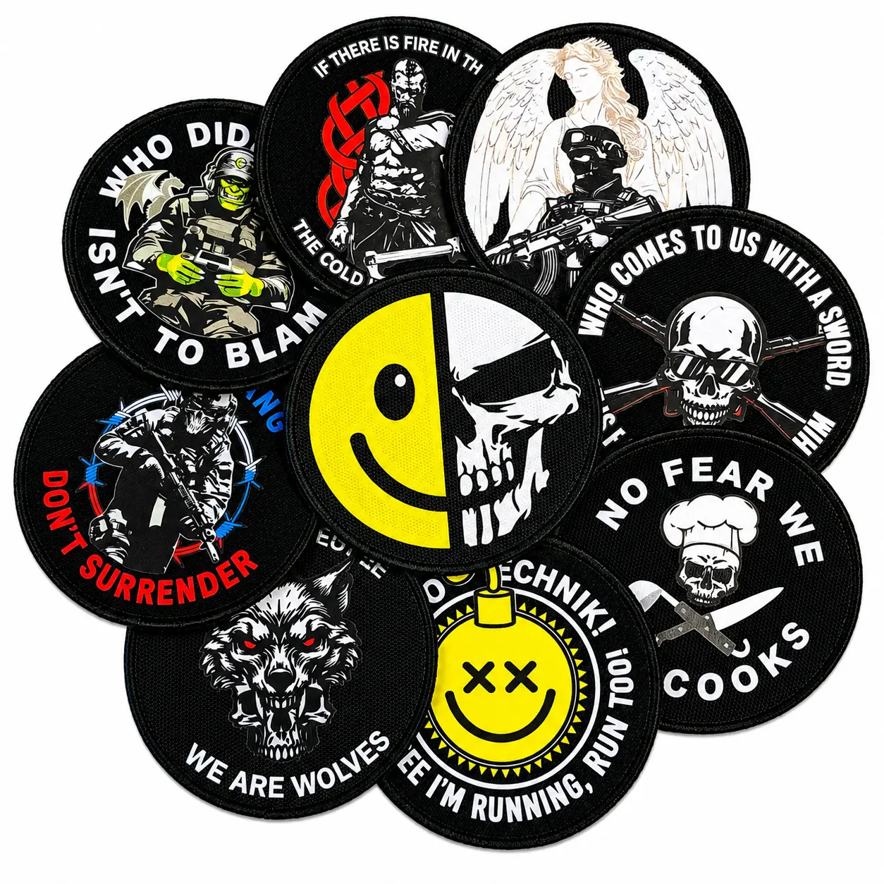 9Pcs Motivational EDC Warrior Humor Angel Funny Graphic Tactical Morale Fabric Patches Set - 3.35in Round Removable Hook Loop Badges, Contrast Wolf & Skull Designs, for MOLLE Backpack, Vest