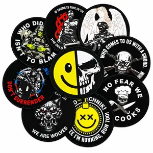 9Pcs Funny Graphic Tactical Morale Fabric Patches Set - 3.35in Round Removable Hook Loop Badges with Contrast Wolf & Skull Designs, for MOLLE Backpack, Vest