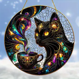 Cat & Coffee Pattern Sun Catcher, Round Acrylic Hanging Decor, Durable and Lightweight Hanging Ornament for Office, Room, Kitchen, Wall Hanging Decor
