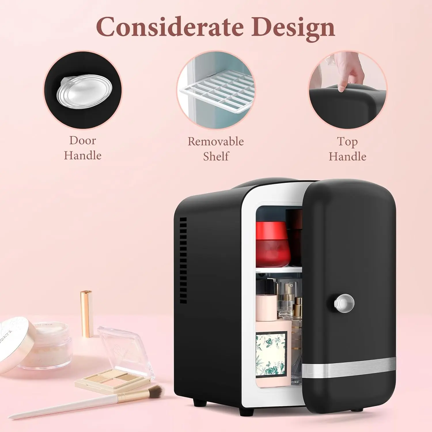 Mini Fridge with Cool and Warm Modes - 4L Skincare Fridge Holds 6 Cans, Cools 27-36°F Below Ambient, Warms to 131-149°F, AC 120V and DC 12V - Mini Fridge for Bedroom, Dorm, Office, Car and Cosmetics, Black