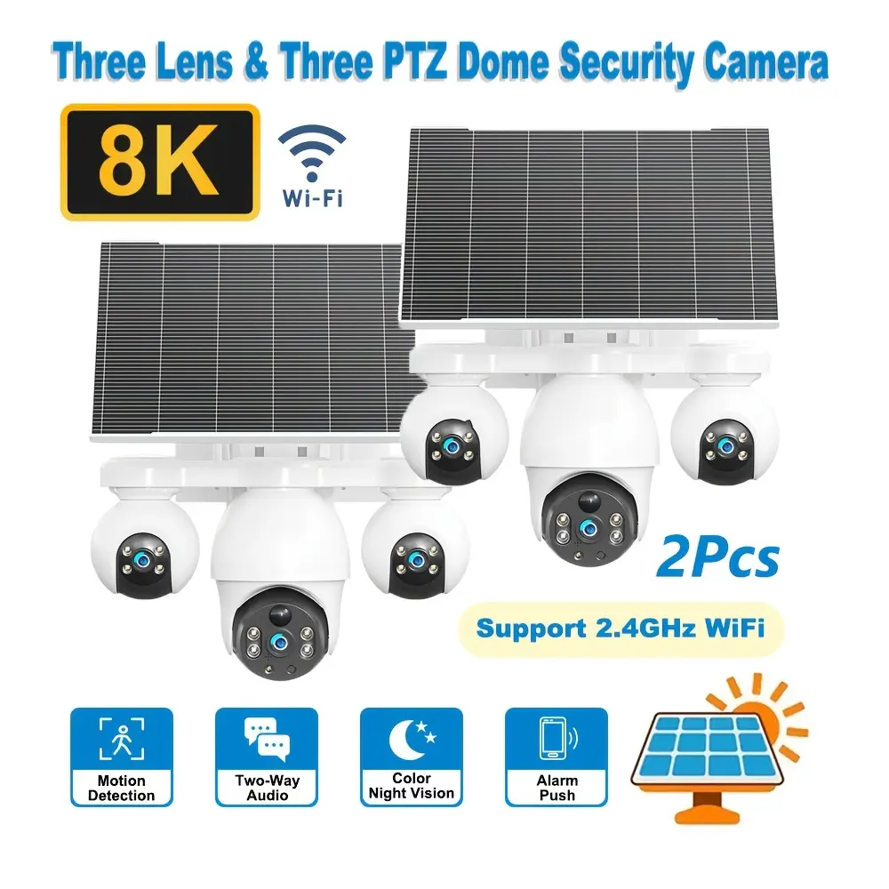 2-Pack 3-Lens 3-Screen 8K WiFi Outdoor Solar Security Camera Video Surveillance PTZ 360° Pan Tilt Rotation Motion Tracking PIR Human Detection Two-Way Voice Full Color Night Vision Alarm Push For 2.4GHz Network For Home Security