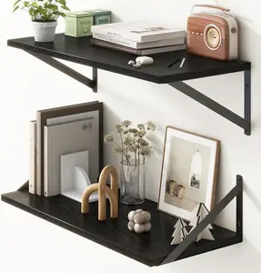 Deep Black Floating Shelves for Wall, 24"W x 10"D Wall Shelves Set of 2, 10 Inch Deep Floating Shelf with Brackets, Wide Display & Shelves for Books, Living Room,,