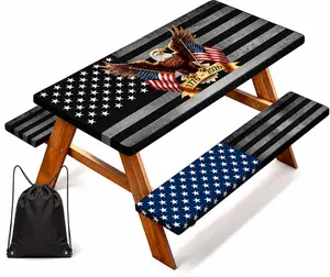 250th Anniversary 6FT Picnic Table Cover with Bench Covers Set and Bag, Eagle Patriotic Decor, Windproof Waterproof Fitted Tablecloth with Elastic, Rectangle for 4th of July, Outdoor Camping Parties, 72x30 Inch