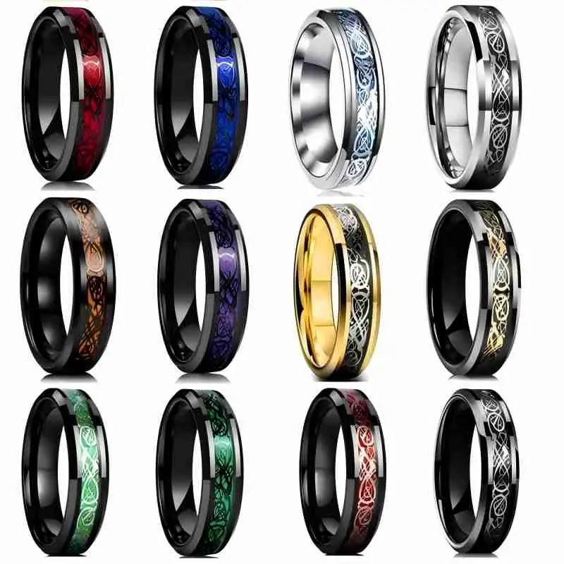 2025 Jewelry Design Fashion 8mm Men's Stainless Steel Celtic Dragon Ring Inlay Red Green Black Carbon Fiber Ring Wedding Band Charm Jewelry Gifts