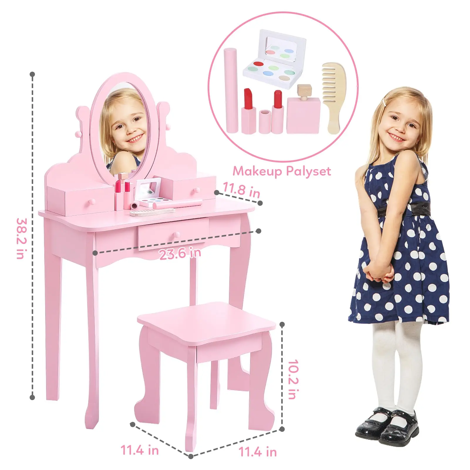 Garvee Pink Wooden Vanity Desk with Mirror and Stool - Kids' Dress-Up Playset for Ages 4-9, Cognitive Development Toy for Living Room/Playroom