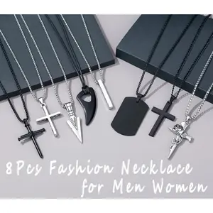 8PCS Men's Necklaces - Stainless Steel Jewelry Set with Cross Pendant Necklace,Black and Silver Stainless Steel Necklace