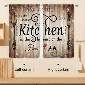 2pcs - Polyester - Brown Kitchen Curtain Set Farmhouse Country Vintage Fork And Spoon Wood Board Funny Quotes Pegboard Living  Bedroom Dining  Home Decor floral print ruffle boho cortina doble forro space room window