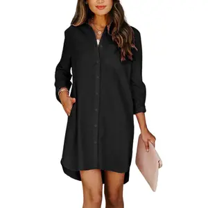 Chouyatou Women's Casual Loose Fit Long sleeve Solid Striped Button Down Shirts Dresses SpringStatements