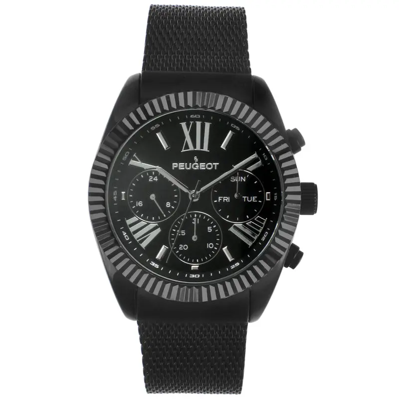 Peugeot Men's 42mm Black Multi-Function Steel Mesh Watch