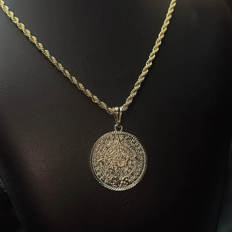 Aztec Calendar Pendant Necklace for Women, Elegant Handmade Statement Piece with 24-inch Rope Chain for Casual Daily Wear, Accessories, Durable, Fashionable, Female, Spiritual Jewelry, Chain Pendant Design Necklaces, Ethnic Pattern Necklaces