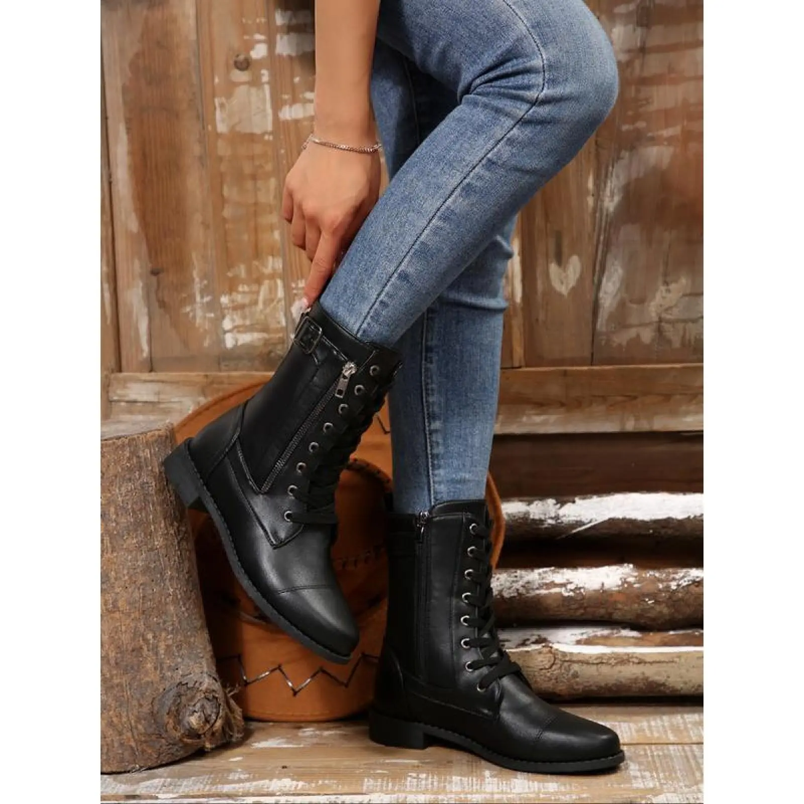 Tanaya Women's classic plush combat boots, warm midsole boots, zip up motorcycle boots, comfortable winter walking shoes, women's short boots, women's work boots