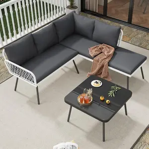 [SummerVibes] 4 PCS L Shape Wicker Patio Sofa Set, Outdoor Conversation Sofa Leisure Couch with Coffee Table Ottoman for Garden Pool Yard
