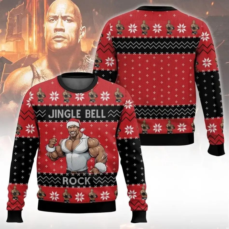 The Rock Christmas Sweater – Funny Jingle Bell Rock Holiday Knit Pullover with Santa Design | WWE Ugly Xmas Party Outfit