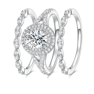 MDFUN Women's Promise Ring Set Three-in-One Stackable Oval Halo Design with Cubic Zirconia for Wedding Engagement Eternity Band R-1128 Sparkling Elegance Vintage Bridal