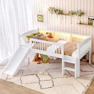 Twin Loft Bed with Slide and Storage Shelves, Solid Wood Low Loft Bed with LED Lights and Full-length Guardrails, No Box Spring Needed