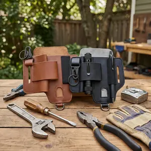 Multifunctional EDC Leather Belt Pouch, Tool Holster with Flashlight Holder, Pen Slot & Key Clip, Everyday Carry Waist Organizer for Tools & Knives