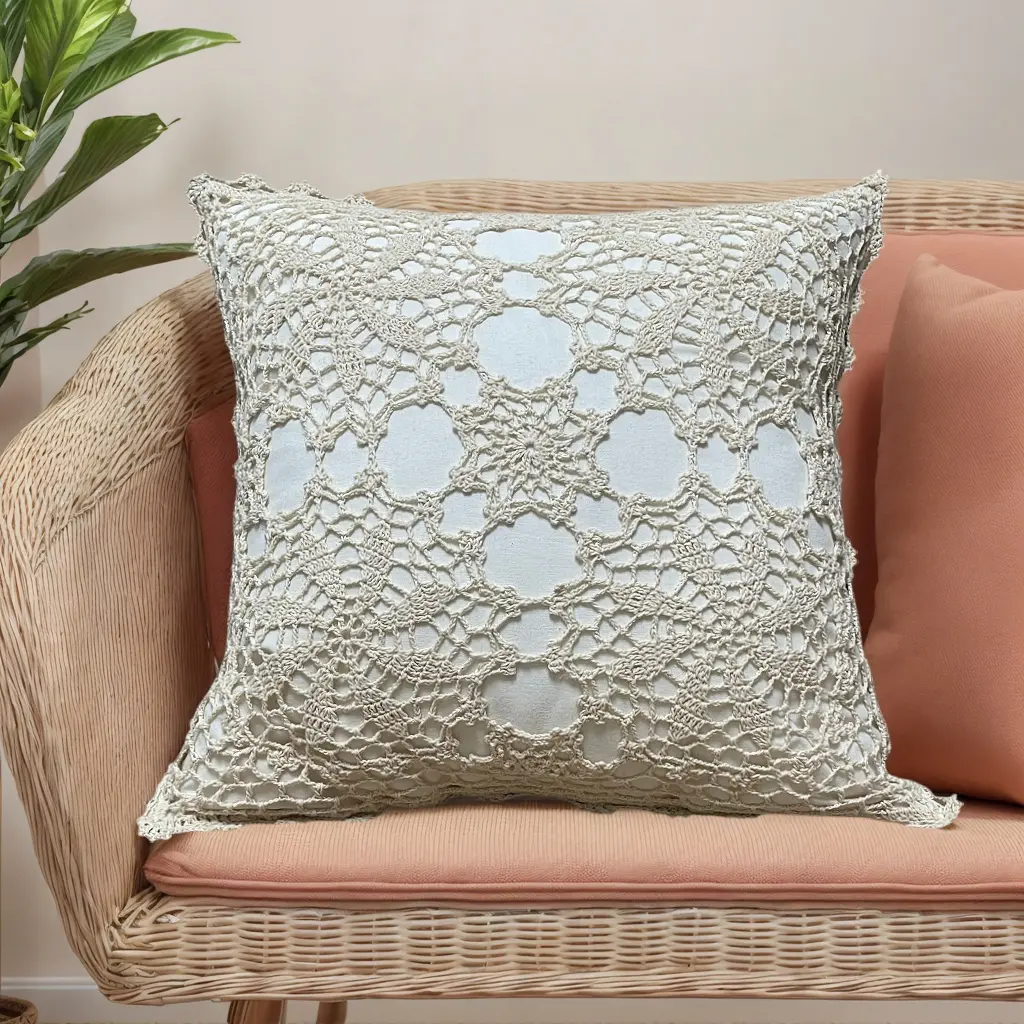 1-Piece Rustic Vintage Boho Hand-Crafted Durable Cotton Crochet Front Cushion Cover - 45x45cm, Openwork Lace Design, Solid Back, Non-Customised, No Insert, Home & House Decor for Couch, All Seasons Room Decor